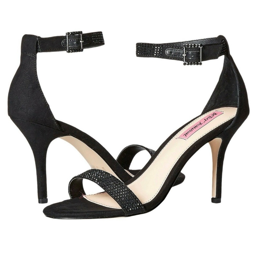 Betsey Johnson Brodway Black Satin Crystal Ankle Strap Heels: Size 5